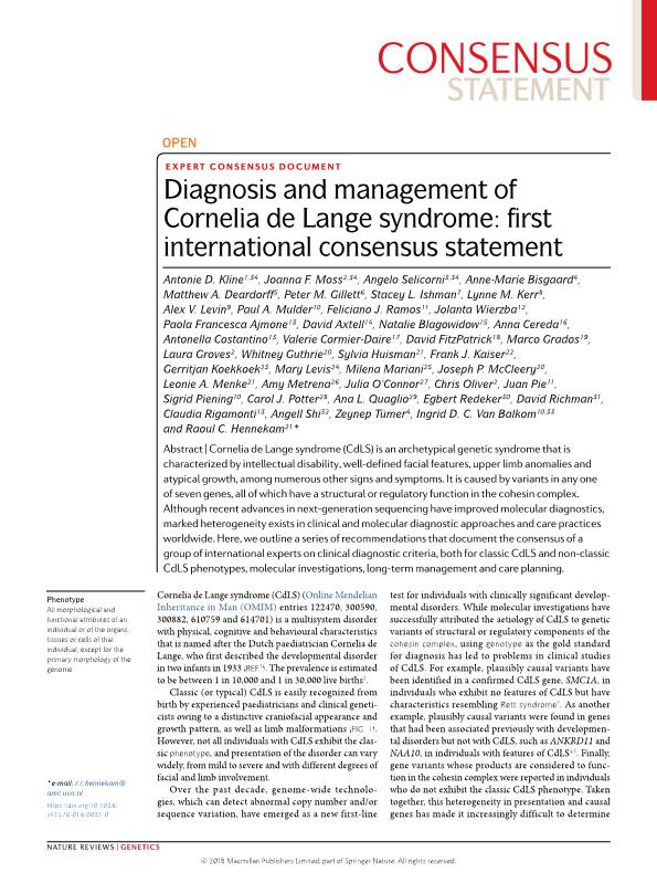 Diagnosis and management of Cornelia de Lange syndrome: first international consensus statement