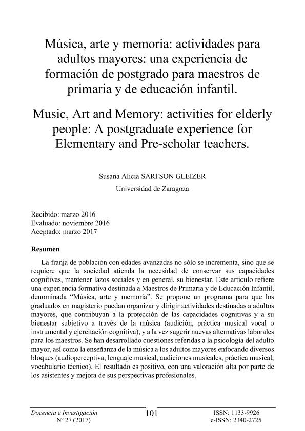 Música, arte y memoria: actividades para adultos mayores: una experiencia de formación de postgrado para maestros de primaria y de educación infantil
