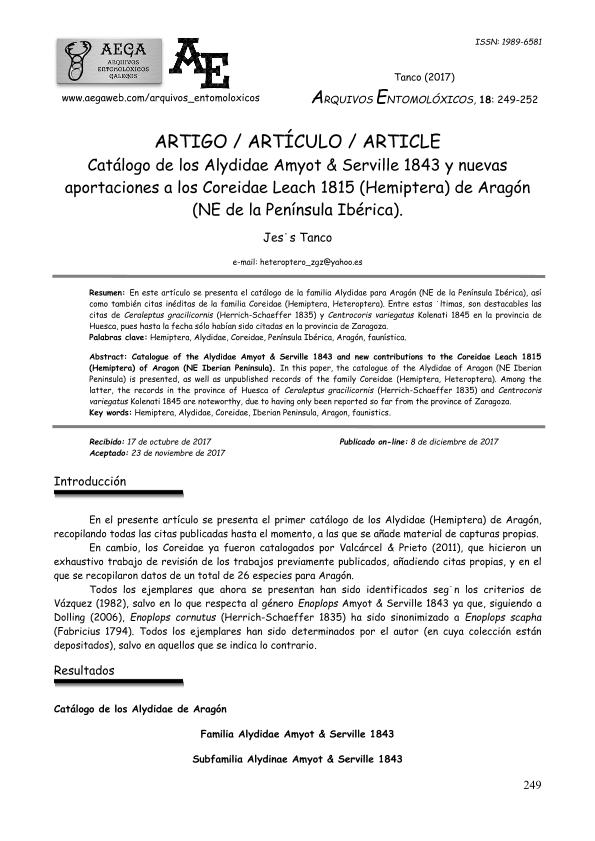 Catálogo de los Alydidae Amyot & Serville 1843 y nuevas aportaciones a los Coreidae Leach 1815 (Hemiptera) de Aragón (NE de la Península Ibérica).