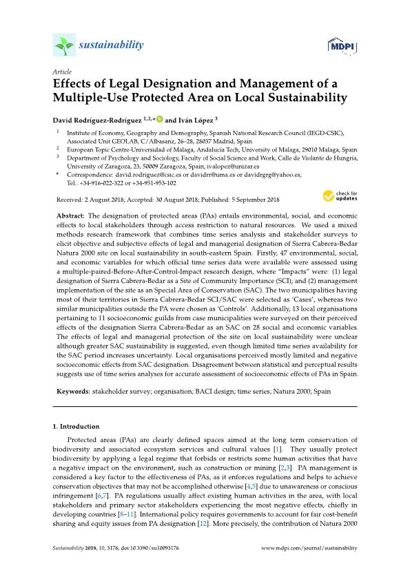 Effects of legal designation and management of a multiple-use protected area on local sustainability