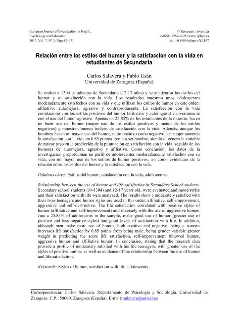 Relación entre los estilos del humor y la satisfacción con la vida en estudiantes de Secundaria