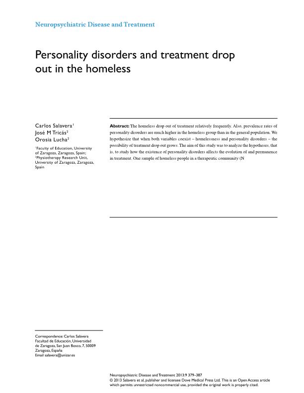 Personality disorders and treatment drop out in the homeless