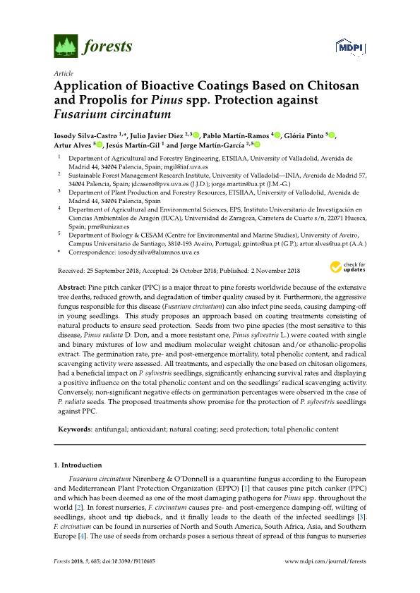 Application of bioactive coatings based on chitosan and propolis for Pinus spp. protection against Fusarium circinatum