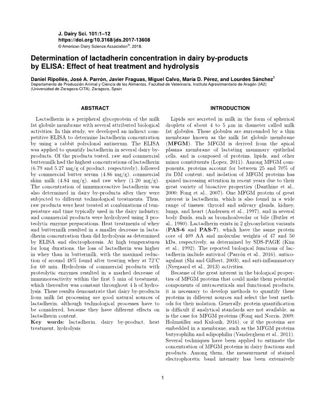 Determination of lactadherin concentration in dairy by-products by ELISA: Effect of heat treatment and hydrolysis