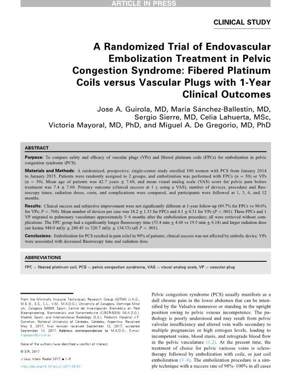 A Randomized Trial of Endovascular Embolization Treatment in Pelvic Congestion Syndrome: Fibered Platinum Coils versus Vascular Plugs with 1-Year Clinical Outcomes