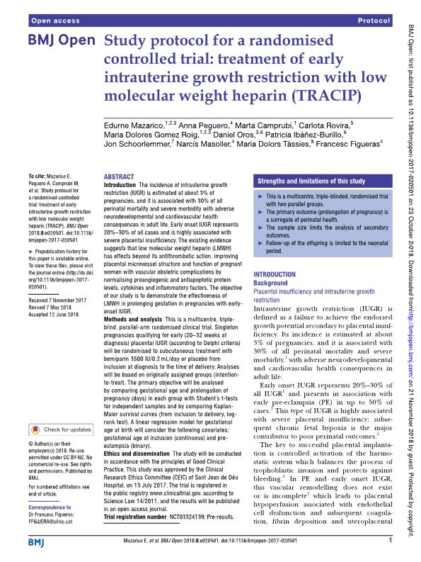Study protocol for a randomised controlled trial: Treatment of early intrauterine growth restriction with low molecular weight heparin (TRACIP)