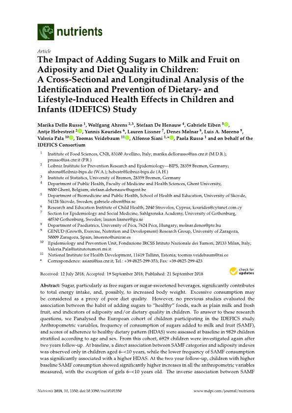 The impact of adding sugars to milk and fruit on adiposity and diet quality in children: A cross-sectional and longitudinal analysis of the identification and prevention of dietary-and lifestyle-induced health effects in children and infants (IDEFICS) study
