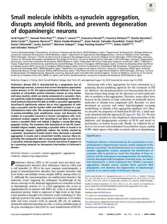 Small molecule inhibits alpha-synuclein aggregation, disrupts amyloid fibrils, and prevents degeneration of dopaminergic neurons