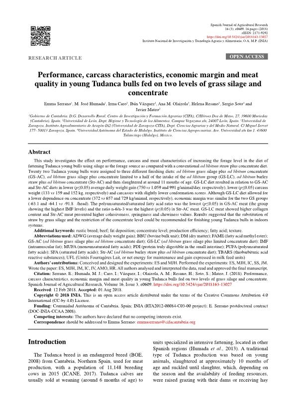 Performance, carcass characteristics, economic margin and meat quality in young Tudanca bulls fed on two levels of grass silage and concentrate