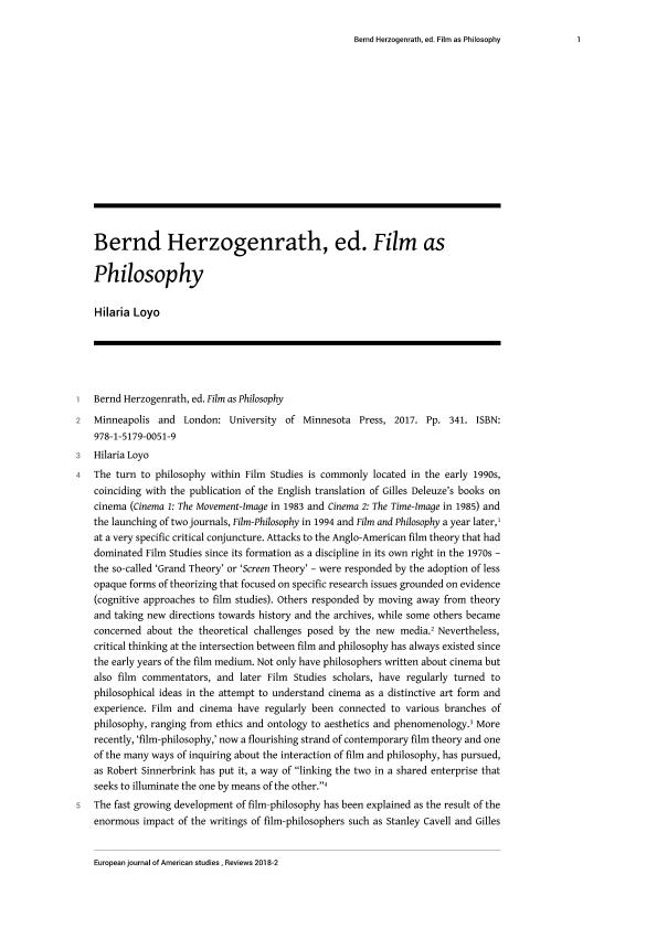 Bernd Herzogenrath, ed., Film as Philosophy (Minneapolis and London: University of Minnesota Press, 2017)