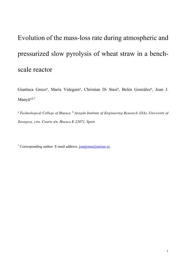 Evolution of the mass-loss rate during atmospheric and pressurized slow pyrolysis of wheat straw in a bench-scale reactor