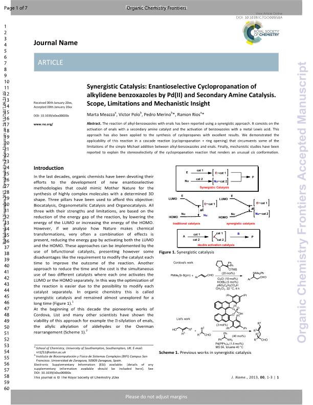 Synergistic catalysis: enantioselective cyclopropanation of alkylidene benzoxazoles by Pd(ii) and secondary amine catalysis. Scope, limitations and mechanistic insight