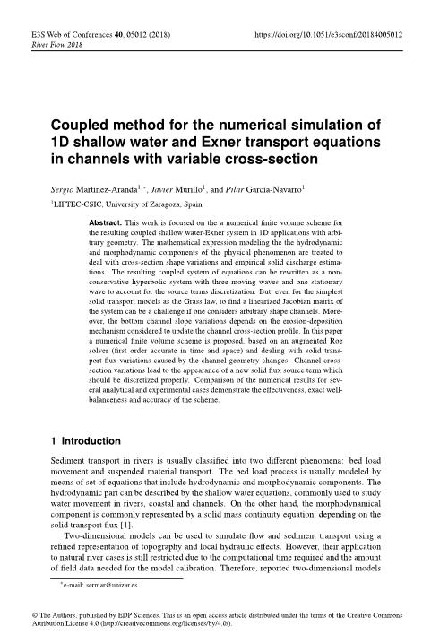 Coupled method for the numerical simulation of 1D shallow water and Exner transport equations in channels with variable cross-section