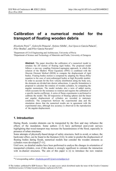 Calibration of a numerical model for the transport of floating wooden debris