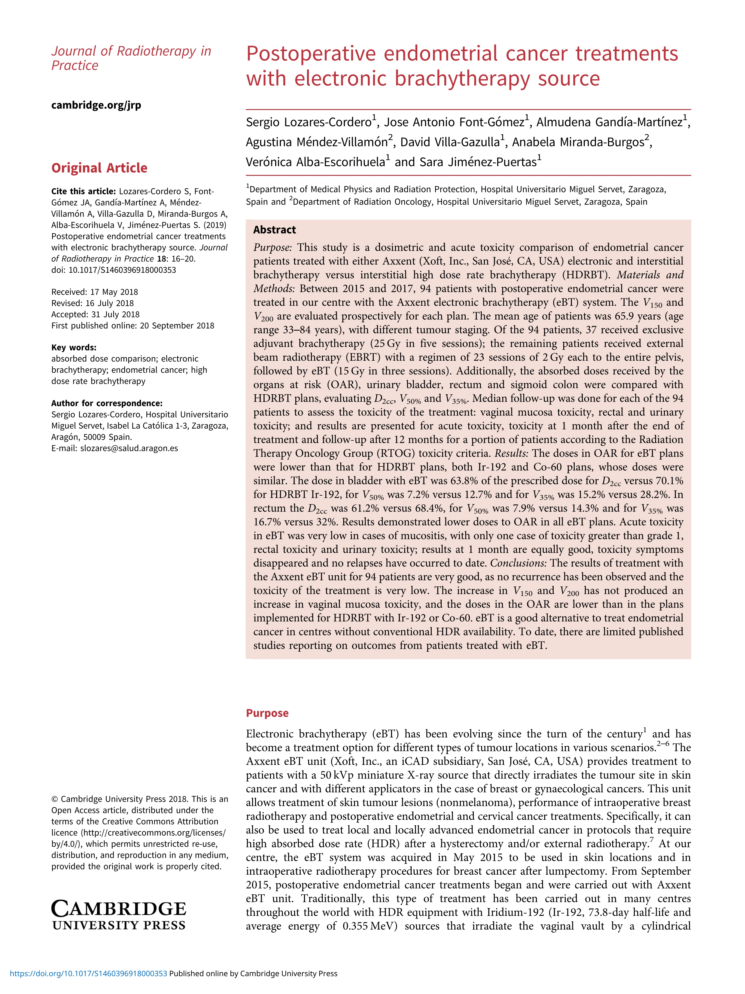 Postoperative endometrial cancer treatments with electronic brachytherapy source
