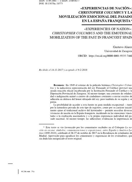 «Experiencias de nación»: Christopher columbus y la movilización emocional del pasado en la españa Franquista