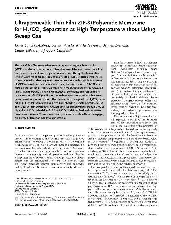 Ultrapermeable Thin Film ZIF-8/Polyamide Membrane for H-2/CO2 Separation at High Temperature without Using Sweep Gas