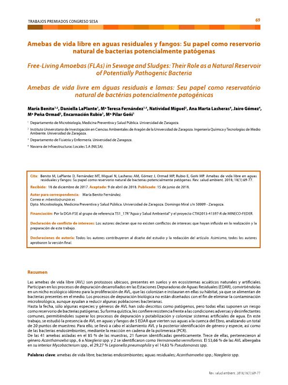 Amebas de vida libre en aguas residuales y fangos: Su papel como reservorio natural de bacterias potencialmente patógenas