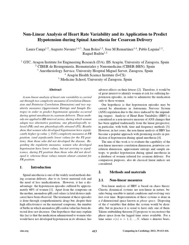 Non-linear analysis of heart rate variability and its application to predict hypotension during spinal anesthesia for cesarean delivery