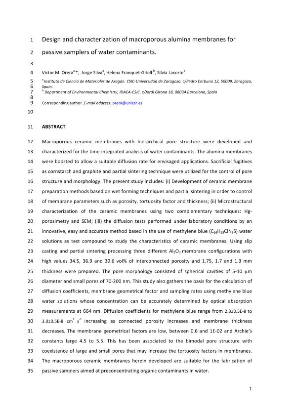 Design and characterization of macroporous alumina membranes for passive samplers of water contaminants