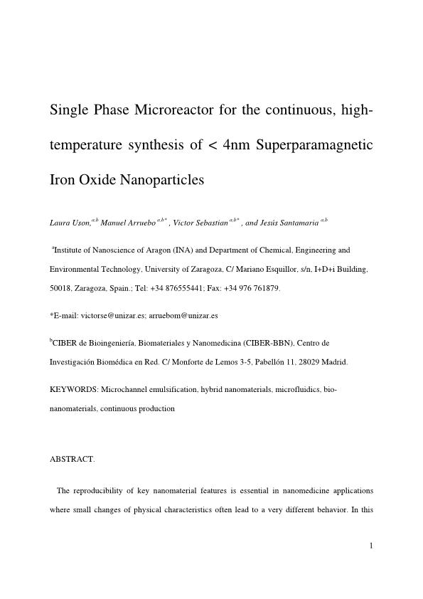 Single phase microreactor for the continuous, high-temperature synthesis of <4¿nm superparamagnetic iron oxide nanoparticles