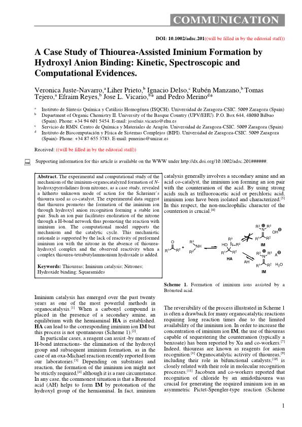 A case study of Thiourea-assisted Iminium formation by hydroxyl anion binding: kinetic, spectroscopic and computational evidences