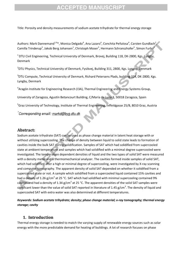 Porosity and density measurements of sodium acetate trihydrate for thermal energy storage