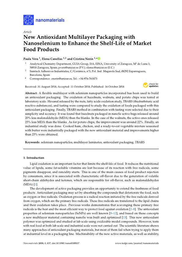 New antioxidant multilayer packaging with nanoselenium to enhance the shelf-life of market food products