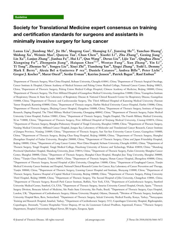 Society for Translational Medicine expert consensus on training and certification standards for surgeons and assistants in minimally invasive surgery for lung cancer