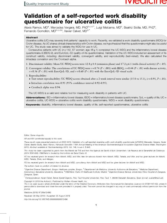 Validation of a self-reported work disability questionnaire for ulcerative colitis