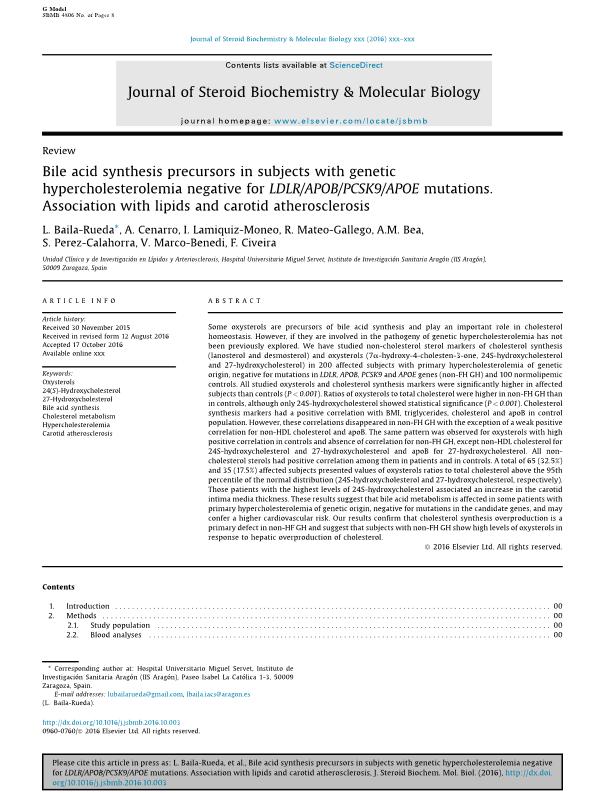 Bile acid synthesis precursors in subjects with genetic hypercholesterolemia negative for LDLR/APOB/PCSK9/APOE mutations. Association with lipids and carotid atherosclerosis