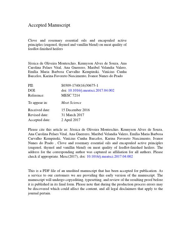 Clove and rosemary essential oils and encapsuled active principles (eugenol, thymol and vanillin blend) on meat quality of feedlot-finished heifers