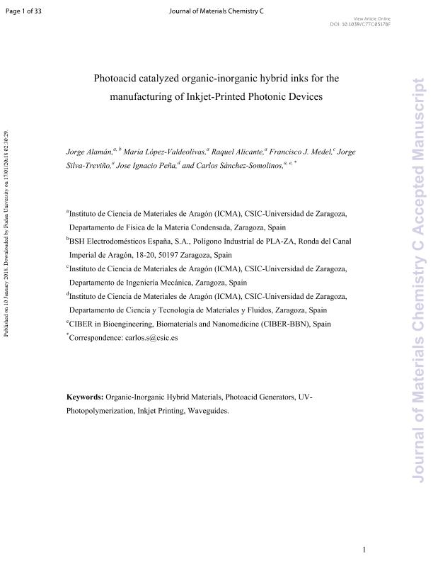 Photoacid catalyzed organic-inorganic hybrid inks for the manufacturing of inkjet-printed photonic devices