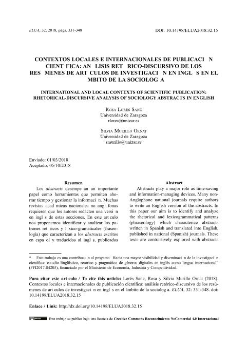 Contextos locales e internacionales de publicación científica: Análisis retórico-discursivo de los resúmenes de artículos de investigación en inglés en el ámbito de la sociología.
