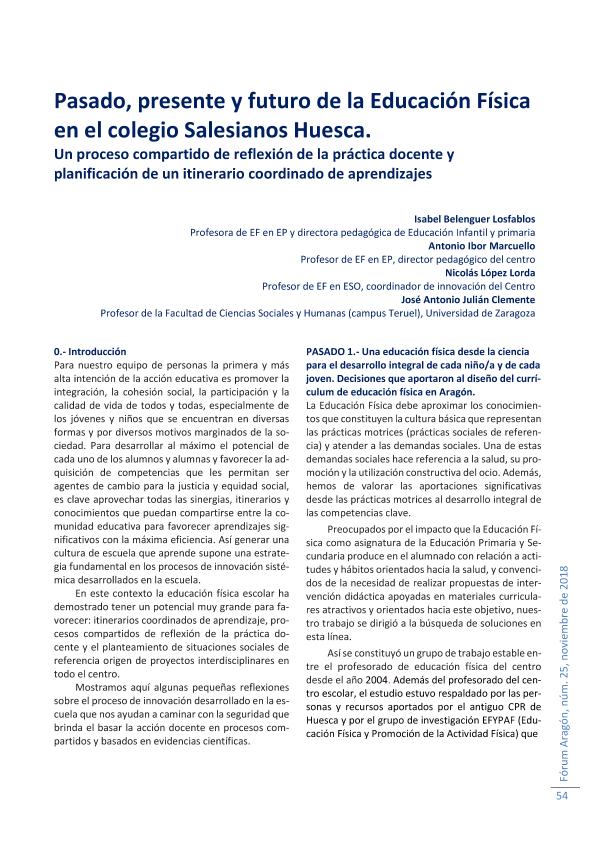 Pasado, presente y futuro de la Educación Física en el colegio Salesianos Huesca. Un proceso compartido de reflexión de la práctica docente y planificación de un itinerario coordinado de aprendizajes