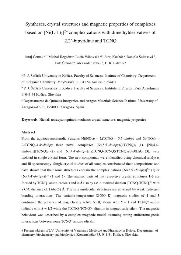 Syntheses, crystal structures and magnetic properties of complexes based on [Ni(L-L)3]2+ complex cations with dimethylderivatives of 2, 2'-bipyridine and TCNQ