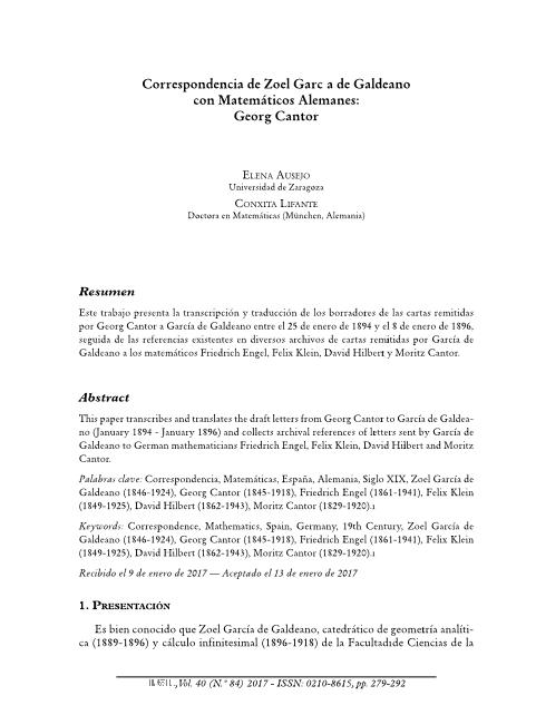 Correspondencia de Zoel García de Galdeano con matemáticos alemanes: Georg Cantor