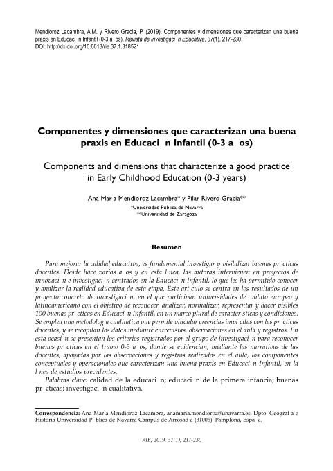 Componentes y dimensiones que caracterizan una buena praxis en Educación Infantil (0-3 años)