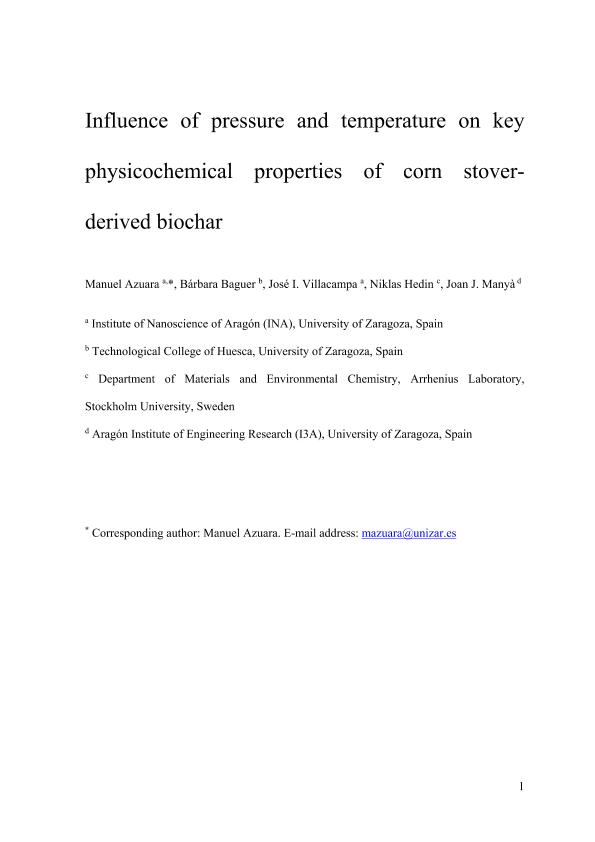 Influence of pressure and temperature on key physicochemical properties of corn stover-derived biochar