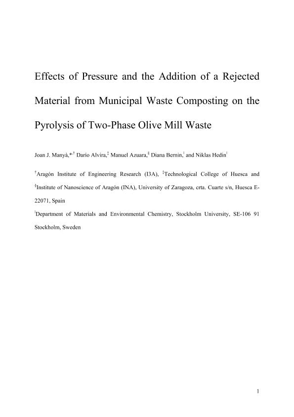 Effects of Pressure and the Addition of a Rejected Material from Municipal Waste Composting on the Pyrolysis of Two-Phase Olive Mill Waste