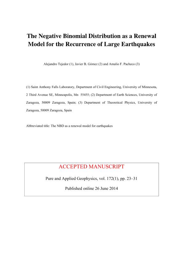 The negative binomial distribution as a renewal model for the recurrence of large earthquakes