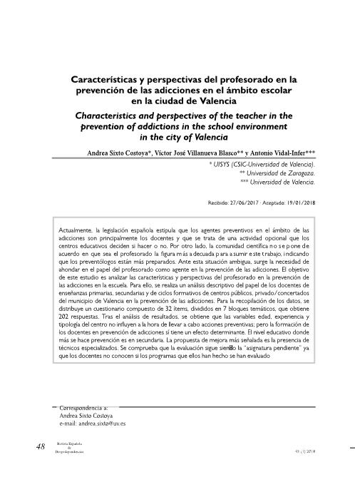 Características y perspectivas del profesorado en la prevención de las adicciones en el ámbito escolar en la ciudad de Valencia