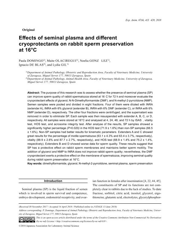 Effects of seminal plasma and different cryoprotectants on rabbit sperm preservation at 16°c