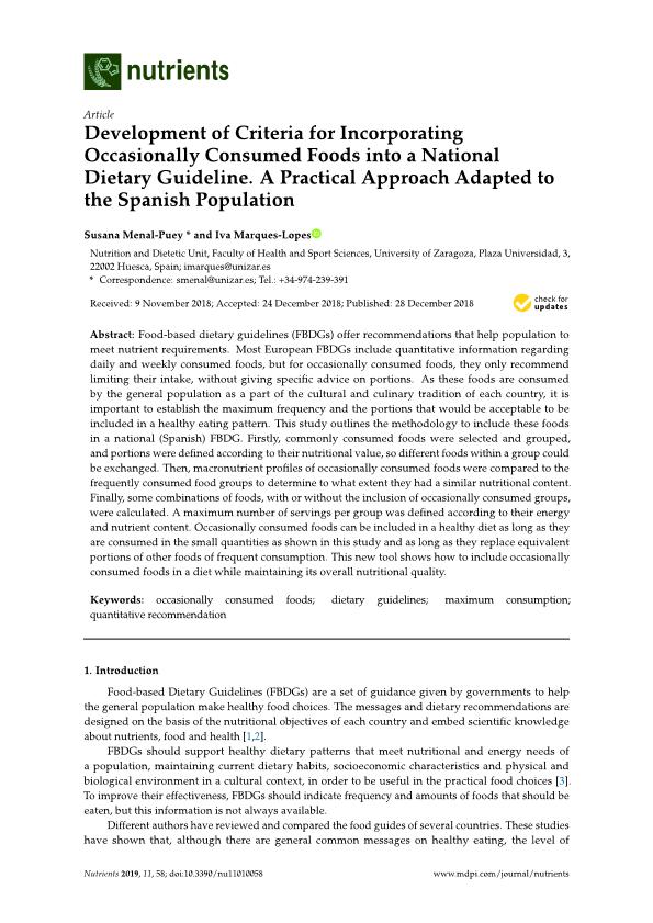 Development of criteria for incorporating occasionally consumed foods into a national dietary guideline. A practical approach adapted to the spanish population