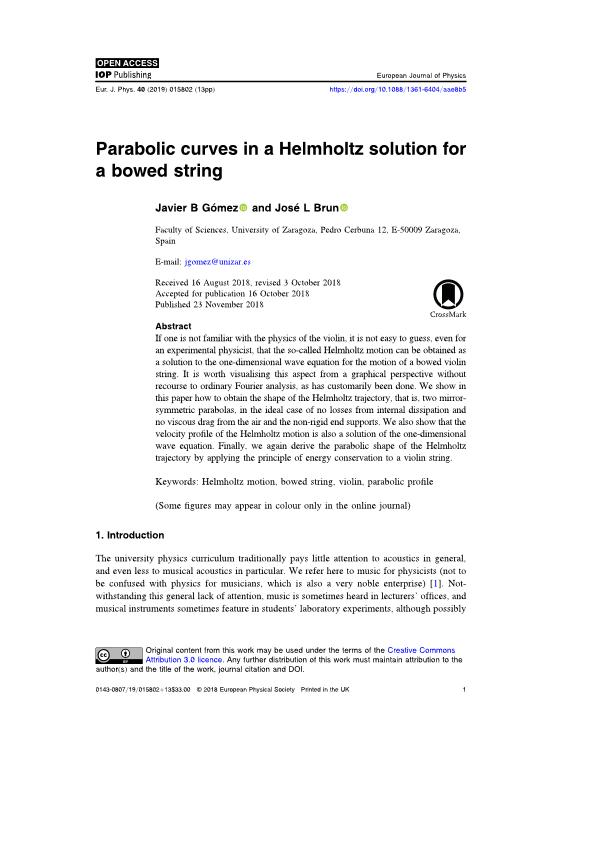 Parabolic curves in a Helmholtz solution for a bowed string