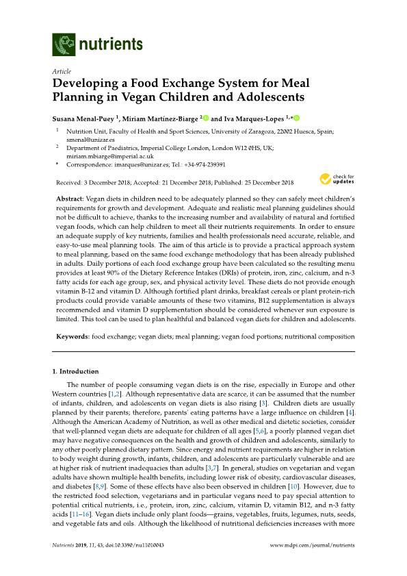 Developing a food exchange system for meal planning in vegan children and adolescents