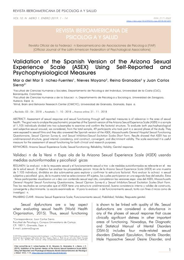 Validation of the Spanish version of the Arizona Sexual Experience Scale (ASEX) using self-reported and psychophysiological measures