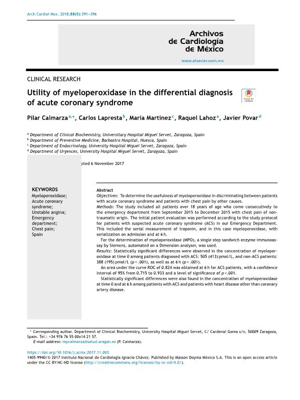 Utility of myeloperoxidase in the differential diagnosis of acute coronary syndrome