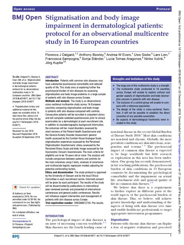 Stigmatisation and body image impairment in dermatological patients: Protocol for an observational multicentre study in 16 European countries