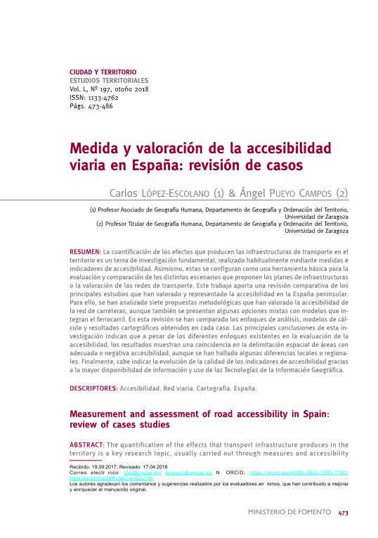 Medida y valoración de la accesibilidad viaria en España: revisión de casos